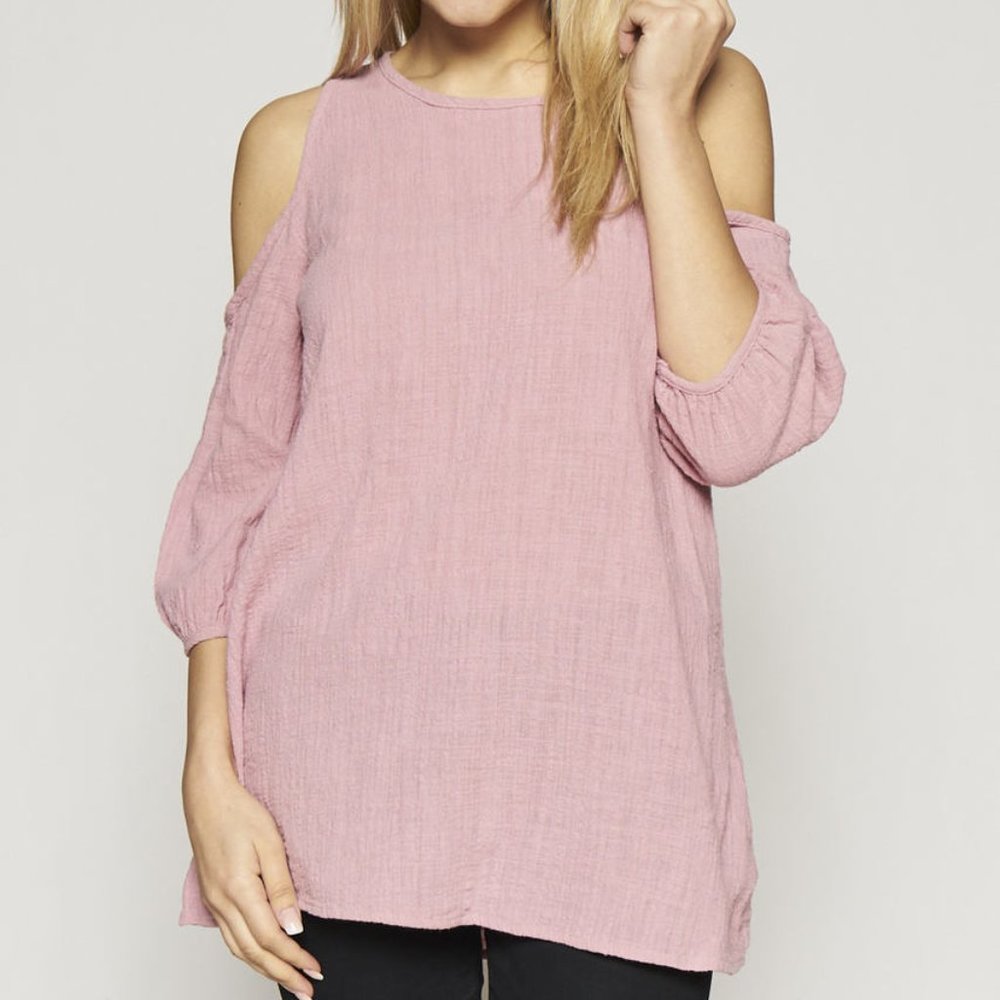 NWT Dusty Rose Linen Cold Shoulder Boutique Top